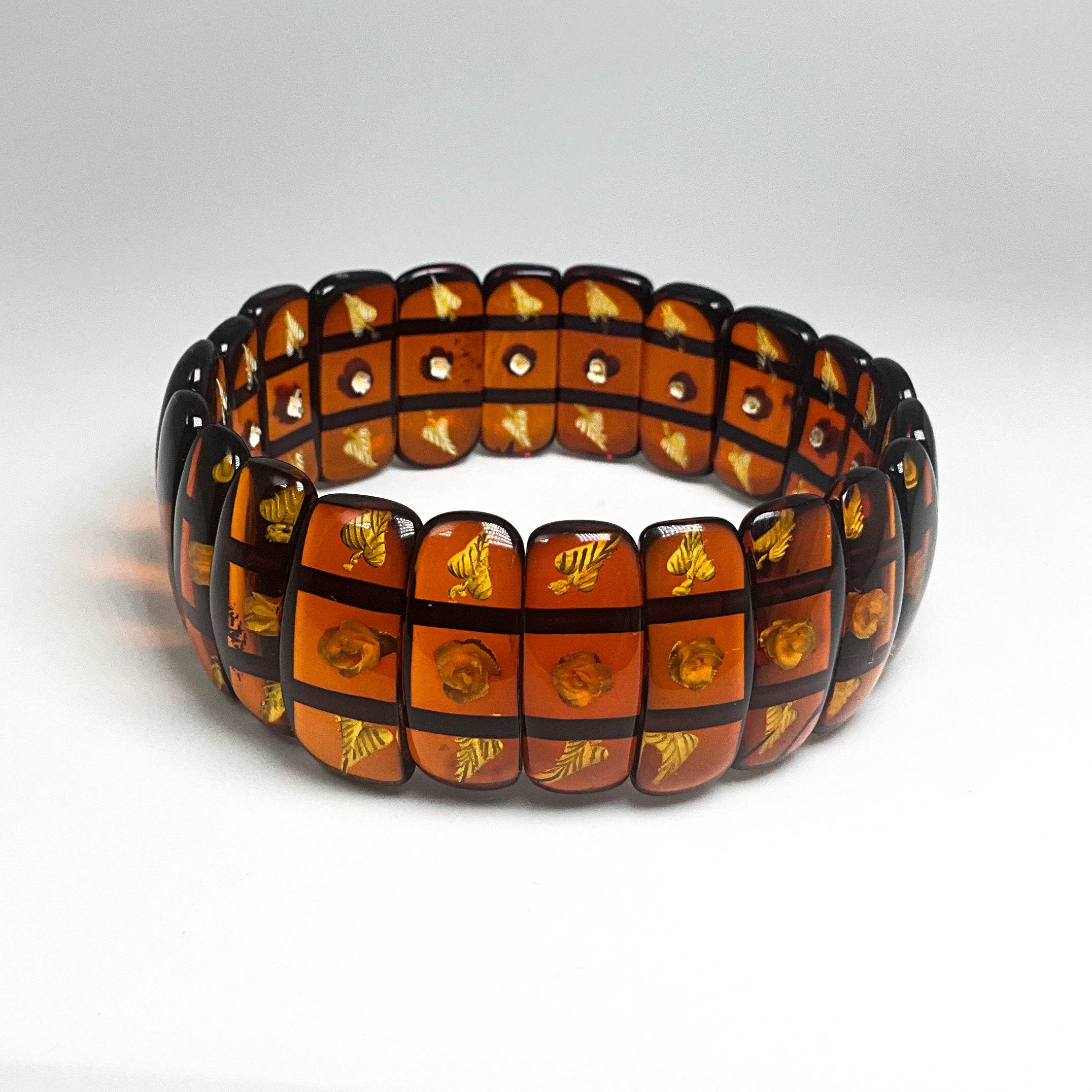 Cognac Amber Floral Cameo Beaded Bracelet - Rocks and Gems Canada