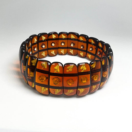 Cognac Amber Floral Cameo Beaded Bracelet - Rocks and Gems Canada