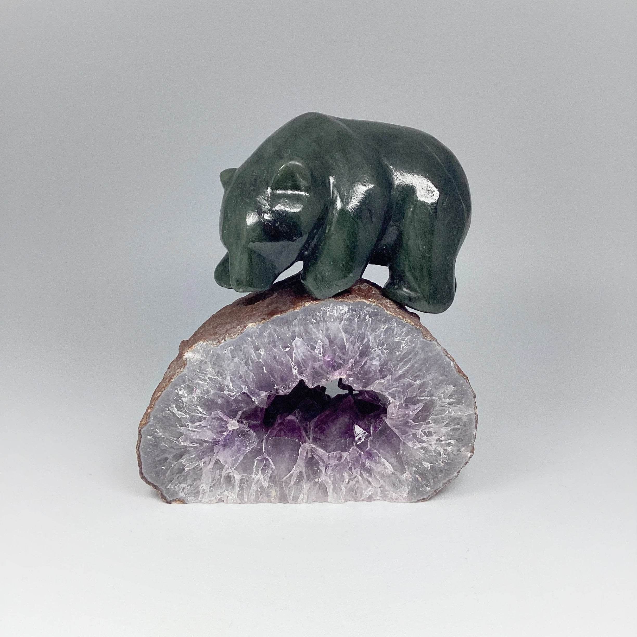 Canadian Jade Bear Carving on Amethyst Base - Rocks and Gems Canada
