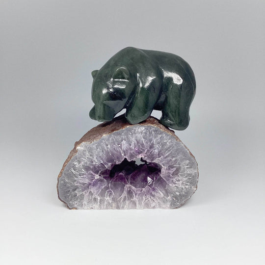 Canadian Jade Bear Carving on Amethyst Base - Rocks and Gems Canada