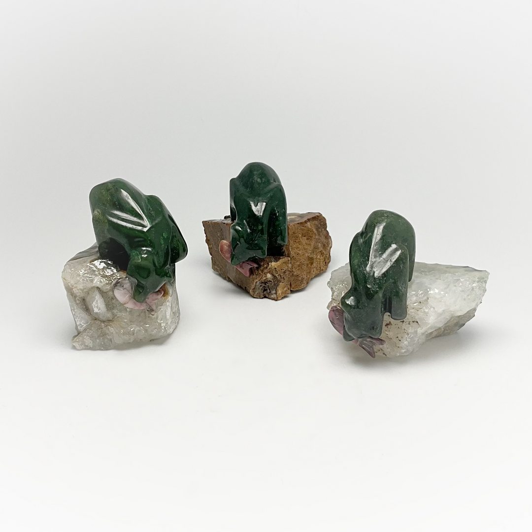 BC Jade Bear Carving with Rhodonite Fish on Natural Agate Base - Rocks and Gems Canada