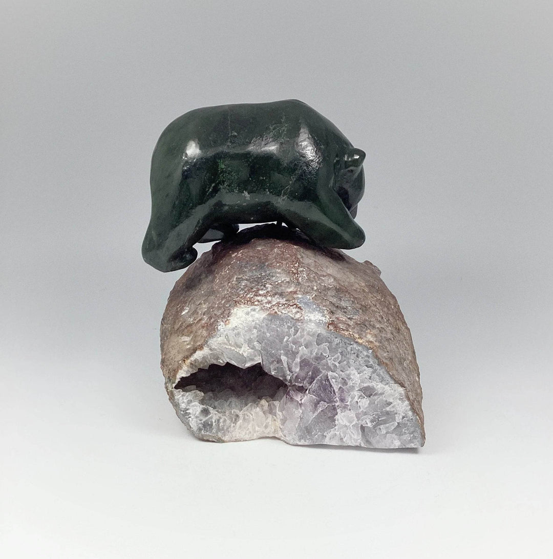 Canadian Jade Bear Carving on Amethyst Base - Rocks and Gems Canada