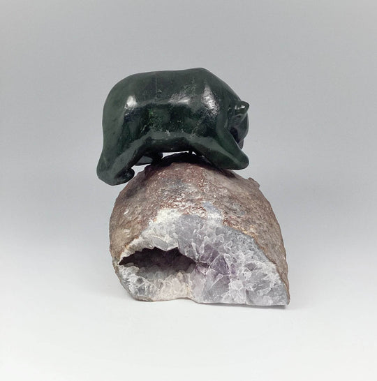 Canadian Jade Bear Carving on Amethyst Base - Rocks and Gems Canada