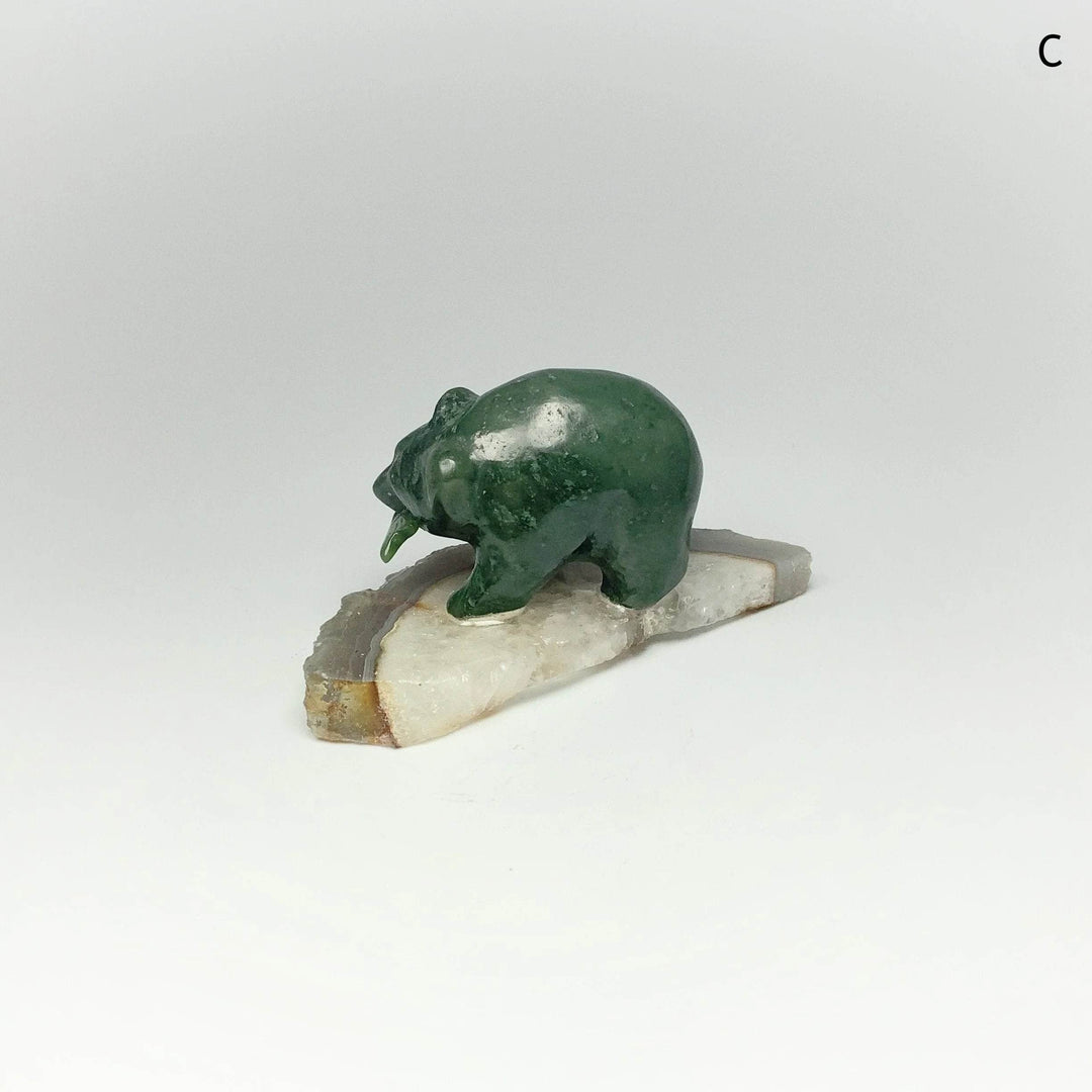 BC Jade Bear with Fish Carving on Natural Agate Base - Rocks and Gems Canada