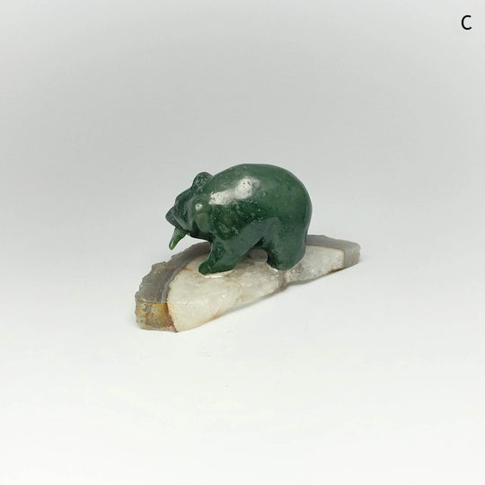 BC Jade Bear with Fish Carving on Natural Agate Base - Rocks and Gems Canada