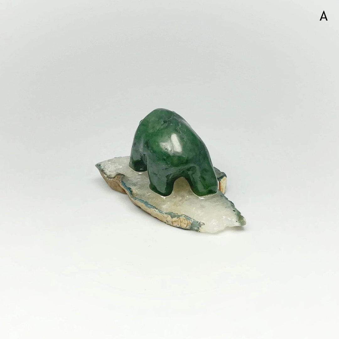 BC Jade Bear with Fish Carving on Natural Agate Base - Rocks and Gems Canada