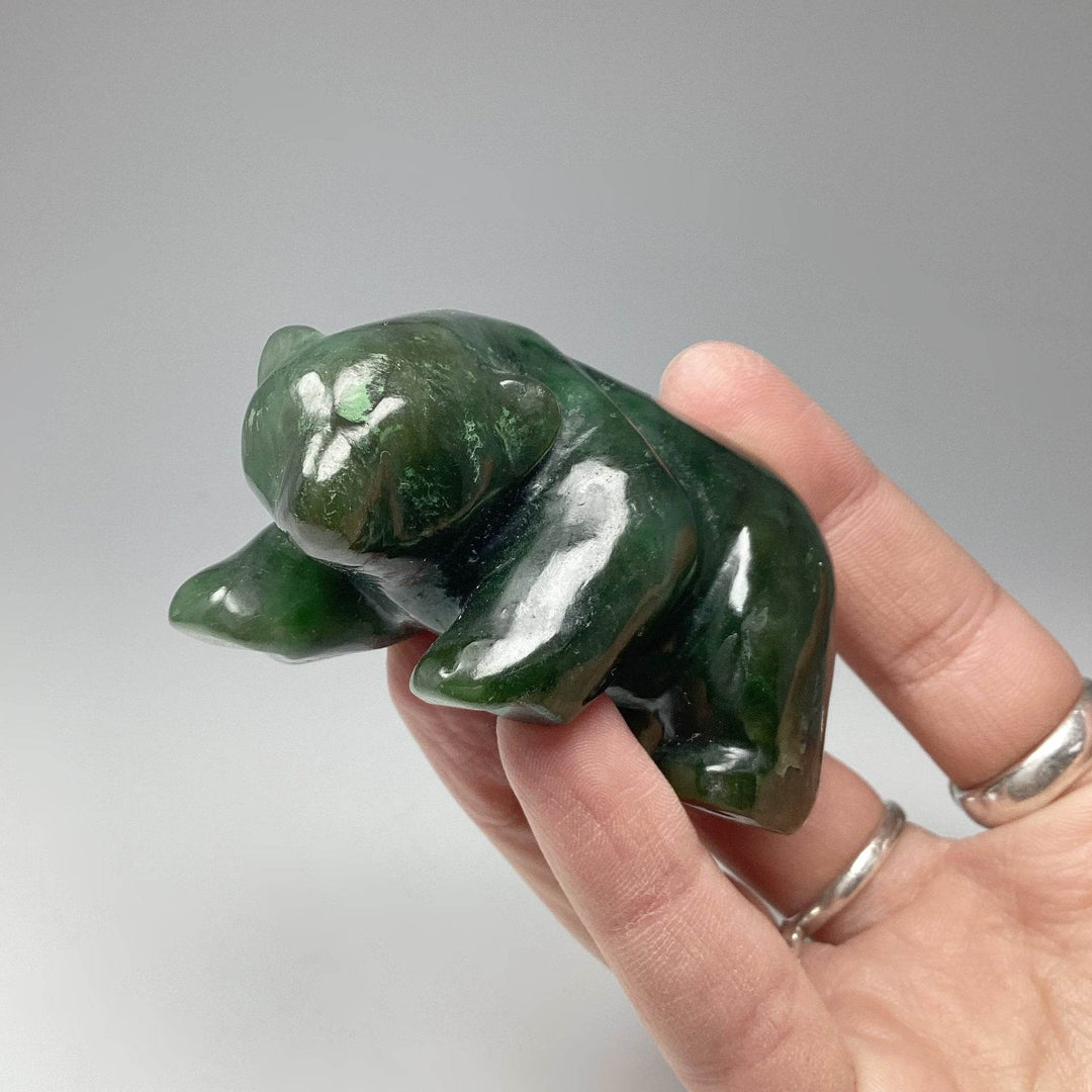 BC Jade Bear with Fish Carving on Natural Agate Base - Rocks and Gems Canada