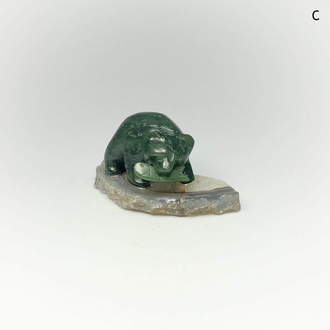 BC Jade Bear with Fish Carving on Natural Agate Base - Rocks and Gems Canada