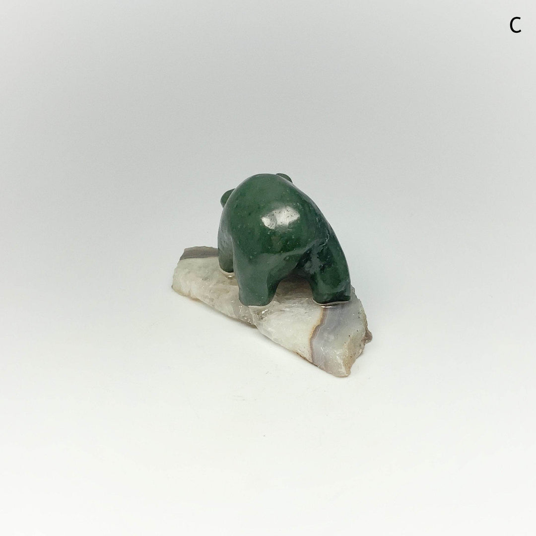 BC Jade Bear with Fish Carving on Natural Agate Base - Rocks and Gems Canada