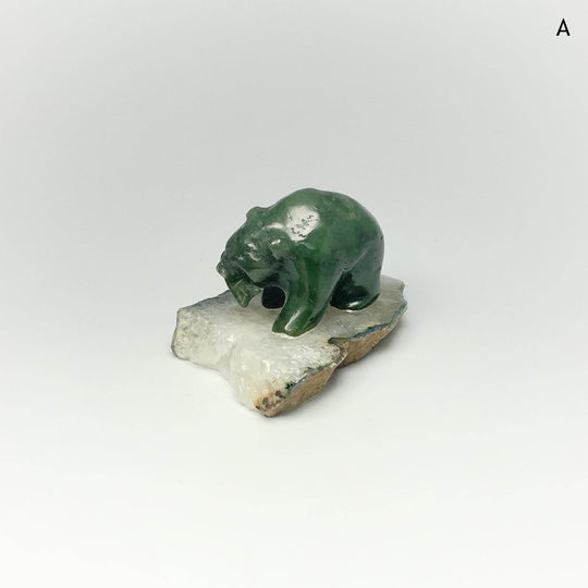 BC Jade Bear with Fish Carving on Natural Agate Base - Rocks and Gems Canada
