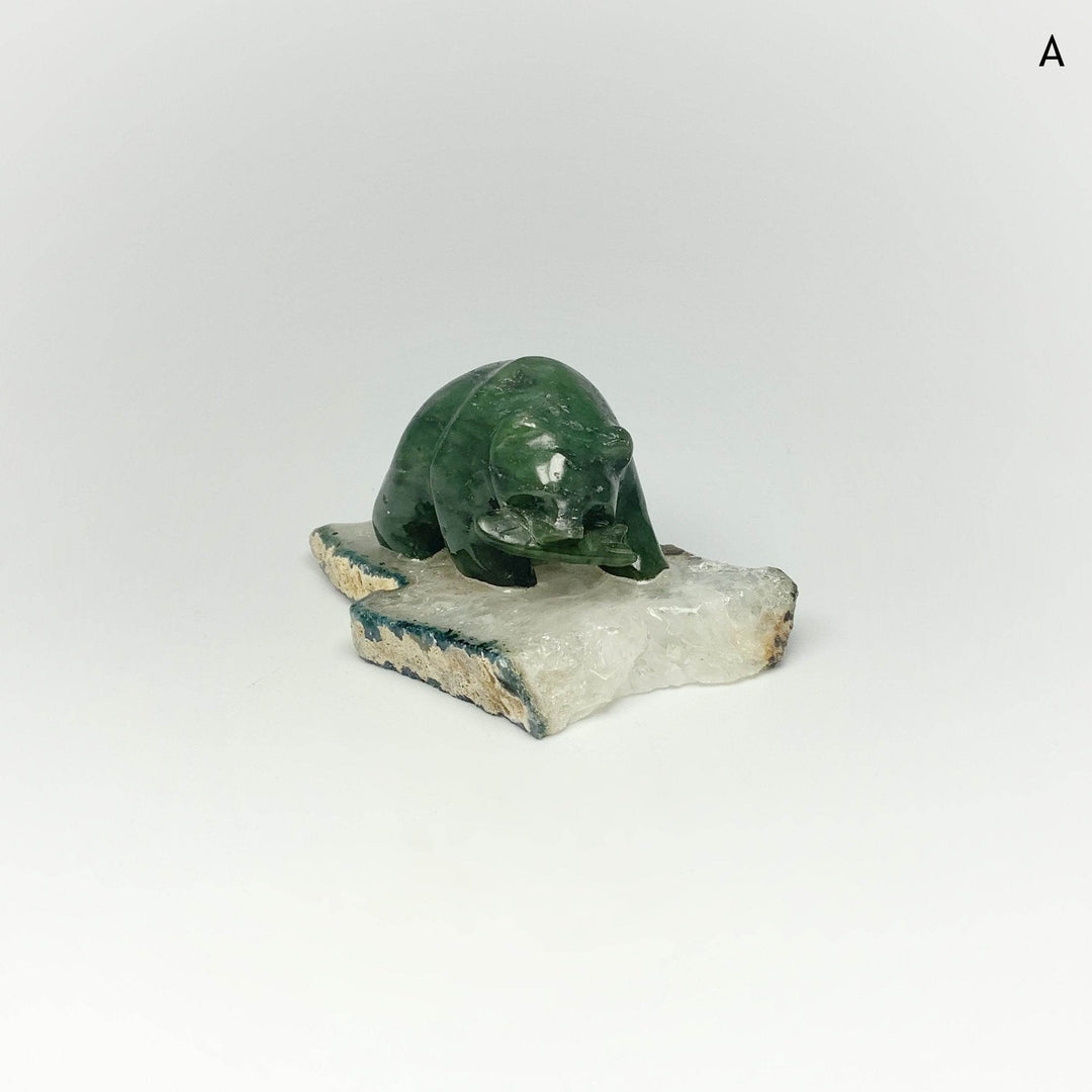 BC Jade Bear with Fish Carving on Natural Agate Base - Rocks and Gems Canada
