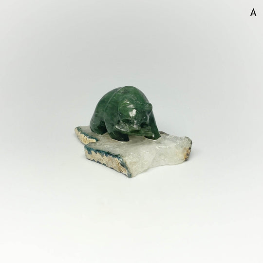 BC Jade Bear with Fish Carving on Natural Agate Base - Rocks and Gems Canada