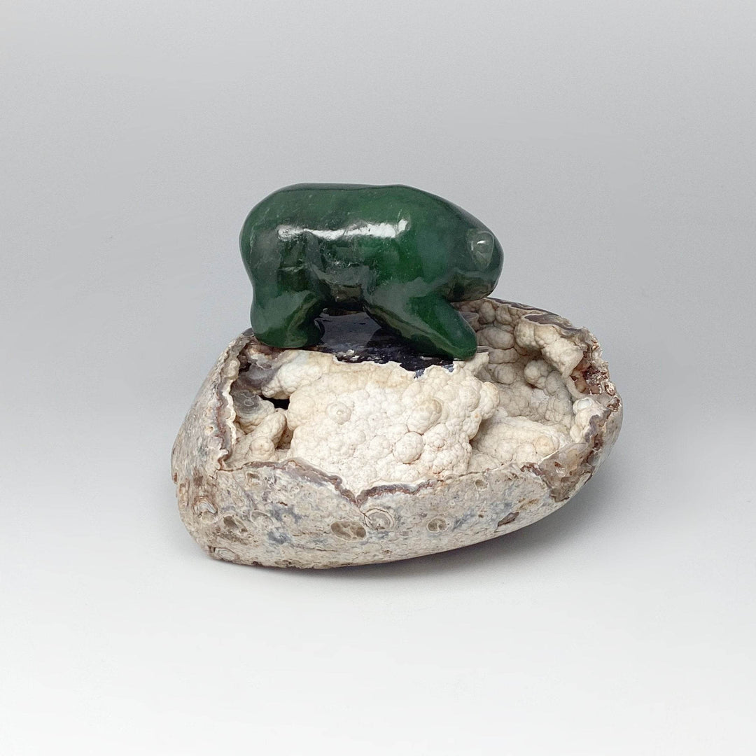 BC Jade Bear with Fish Carving on Natural Agate Base - Rocks and Gems Canada