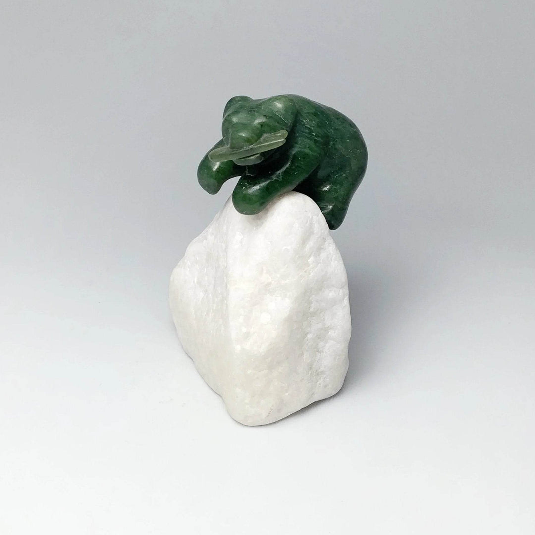 BC Jade Bear with Fish Carving on Star Marble Base - Rocks and Gems Canada