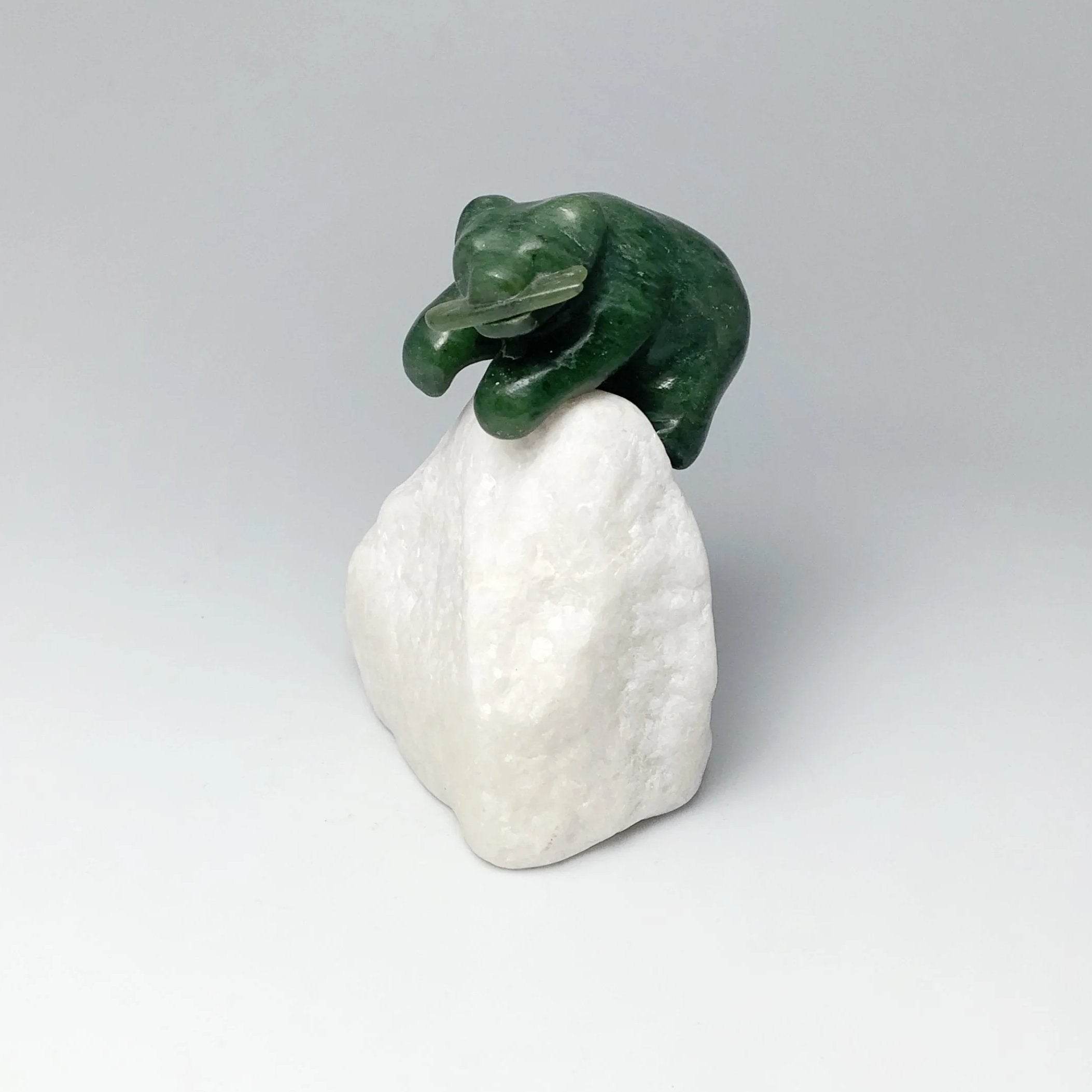BC Jade Bear with Fish Carving on Star Marble Base - Rocks and Gems Canada