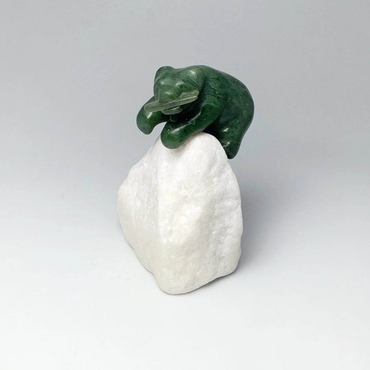 BC Jade Bear with Fish Carving on Star Marble Base - Rocks and Gems Canada