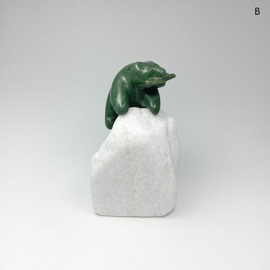 BC Jade Bear with Fish Carving on Star Marble Base - Rocks and Gems Canada