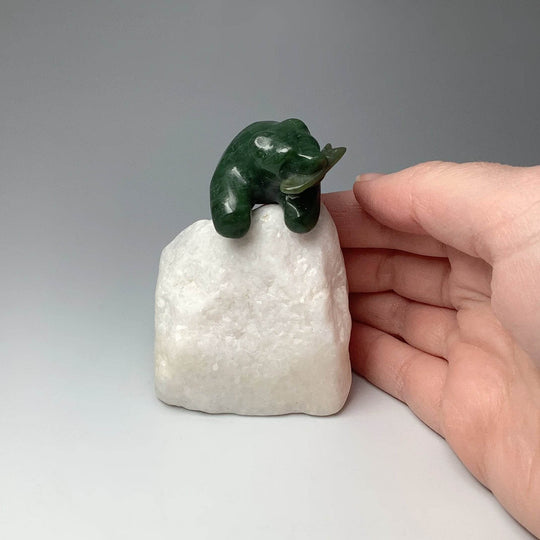 BC Jade Bear with Fish Carving on Star Marble Base - Rocks and Gems Canada