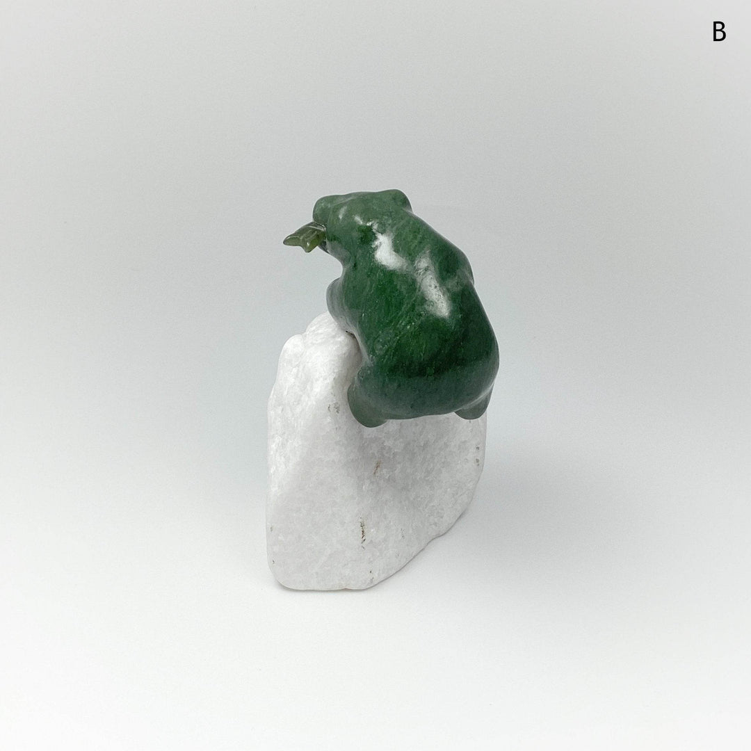 BC Jade Bear with Fish Carving on Star Marble Base - Rocks and Gems Canada