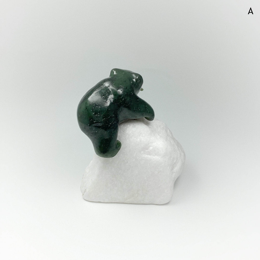 BC Jade Bear with Fish Carving on Star Marble Base - Rocks and Gems Canada