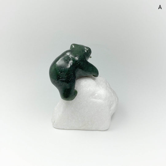 BC Jade Bear with Fish Carving on Star Marble Base - Rocks and Gems Canada