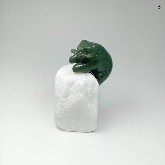 BC Jade Bear with Fish Carving on Star Marble Base - Rocks and Gems Canada