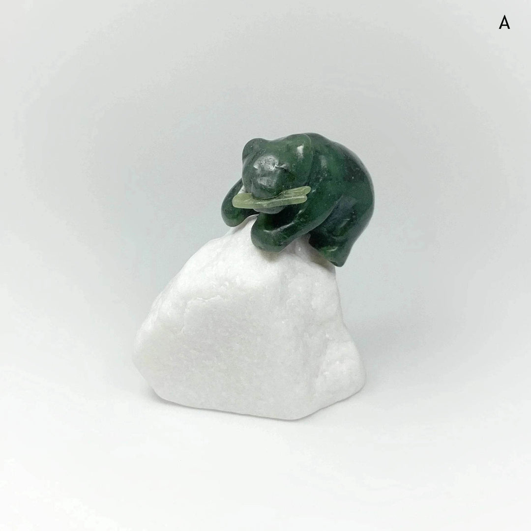 BC Jade Bear with Fish Carving on Star Marble Base - Rocks and Gems Canada