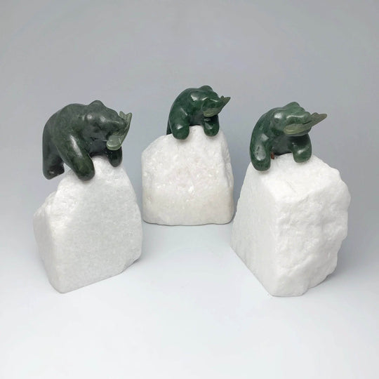 BC Jade Bear with Fish Carving on Star Marble Base - Rocks and Gems Canada