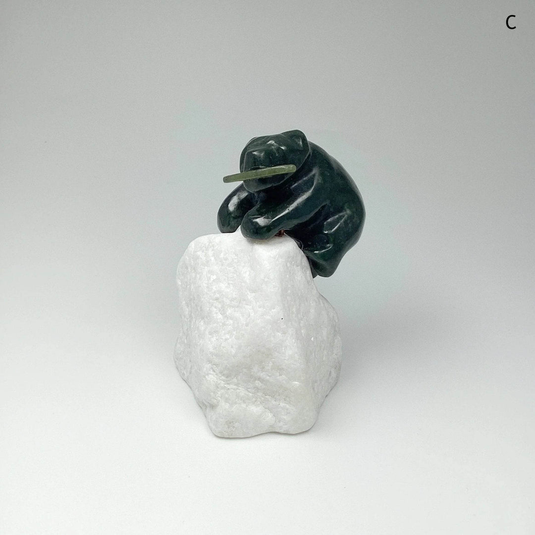 BC Jade Bear with Fish Carving on Star Marble Base - Rocks and Gems Canada