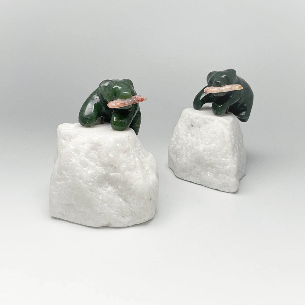 BC Jade Bear with Flower Agate Fish Carving on Star Marble Base - Rocks and Gems Canada