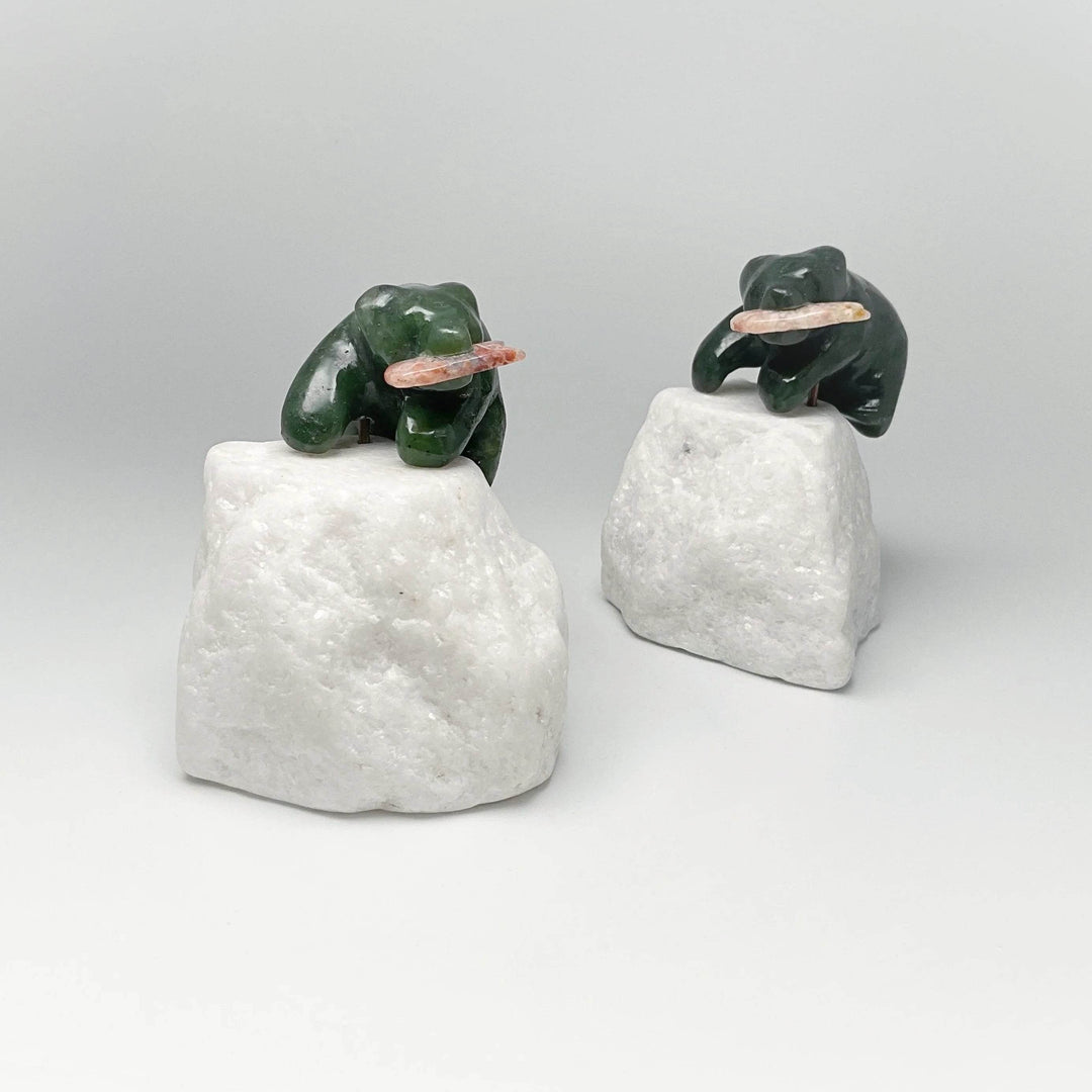 BC Jade Bear with Flower Agate Fish Carving on Star Marble Base - Rocks and Gems Canada