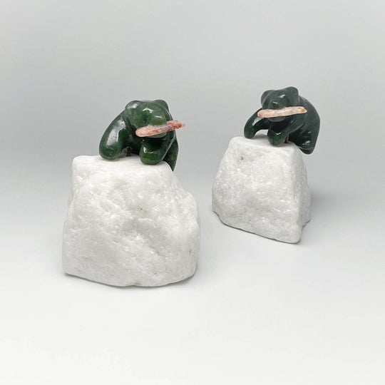 BC Jade Bear with Flower Agate Fish Carving on Star Marble Base - Rocks and Gems Canada