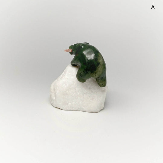 BC Jade Bear with Flower Agate Fish Carving on Star Marble Base - Rocks and Gems Canada