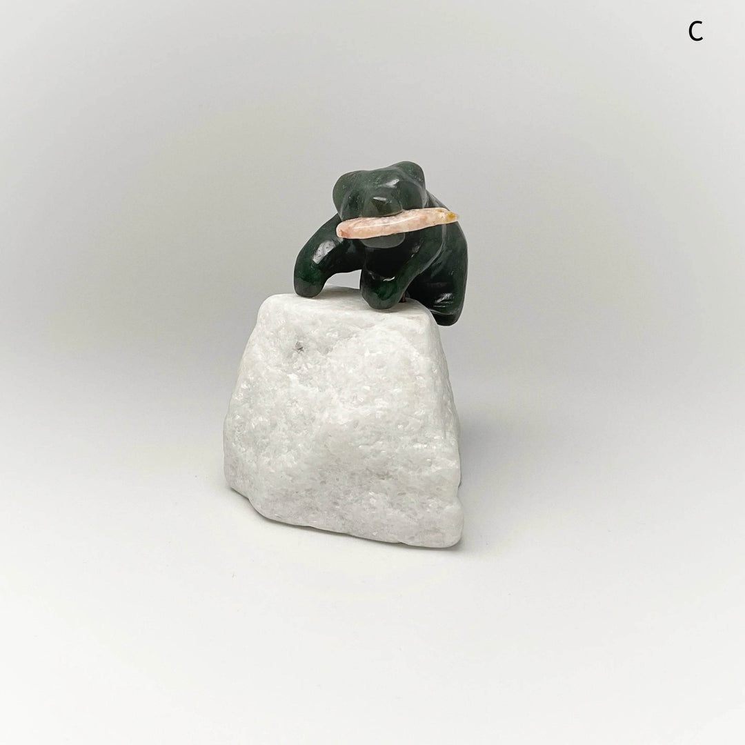 BC Jade Bear with Flower Agate Fish Carving on Star Marble Base - Rocks and Gems Canada