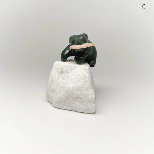 BC Jade Bear with Flower Agate Fish Carving on Star Marble Base - Rocks and Gems Canada