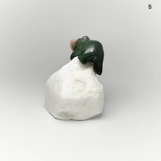 BC Jade Bear with Flower Agate Fish Carving on Star Marble Base - Rocks and Gems Canada