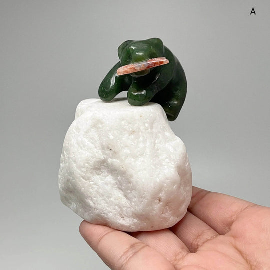 BC Jade Bear with Flower Agate Fish Carving on Star Marble Base - Rocks and Gems Canada