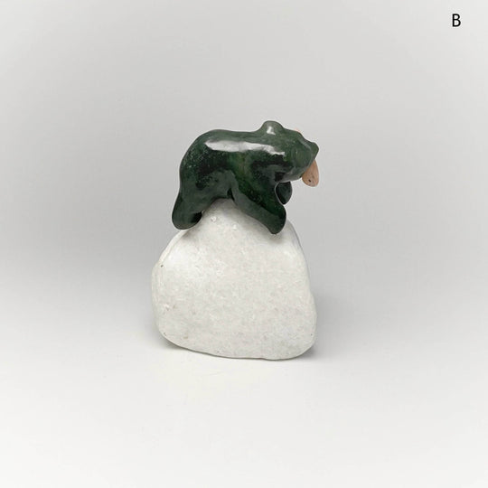 BC Jade Bear with Flower Agate Fish Carving on Star Marble Base - Rocks and Gems Canada