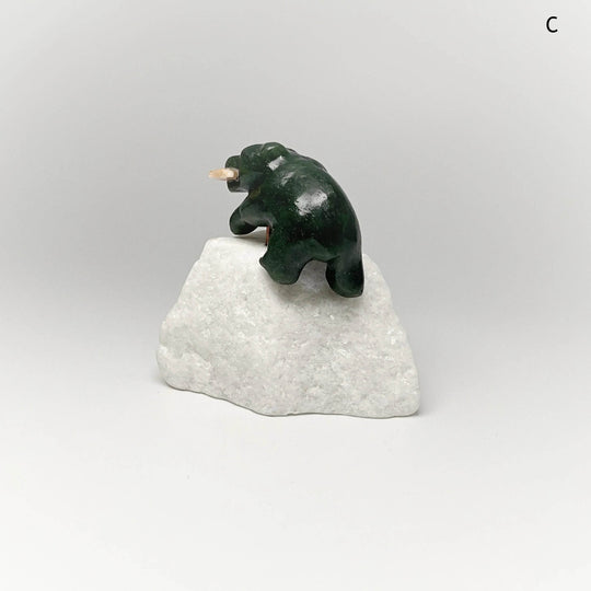 BC Jade Bear with Flower Agate Fish Carving on Star Marble Base - Rocks and Gems Canada