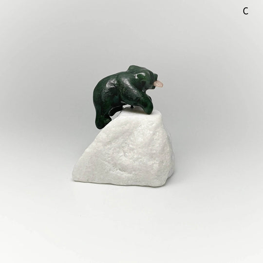BC Jade Bear with Flower Agate Fish Carving on Star Marble Base - Rocks and Gems Canada