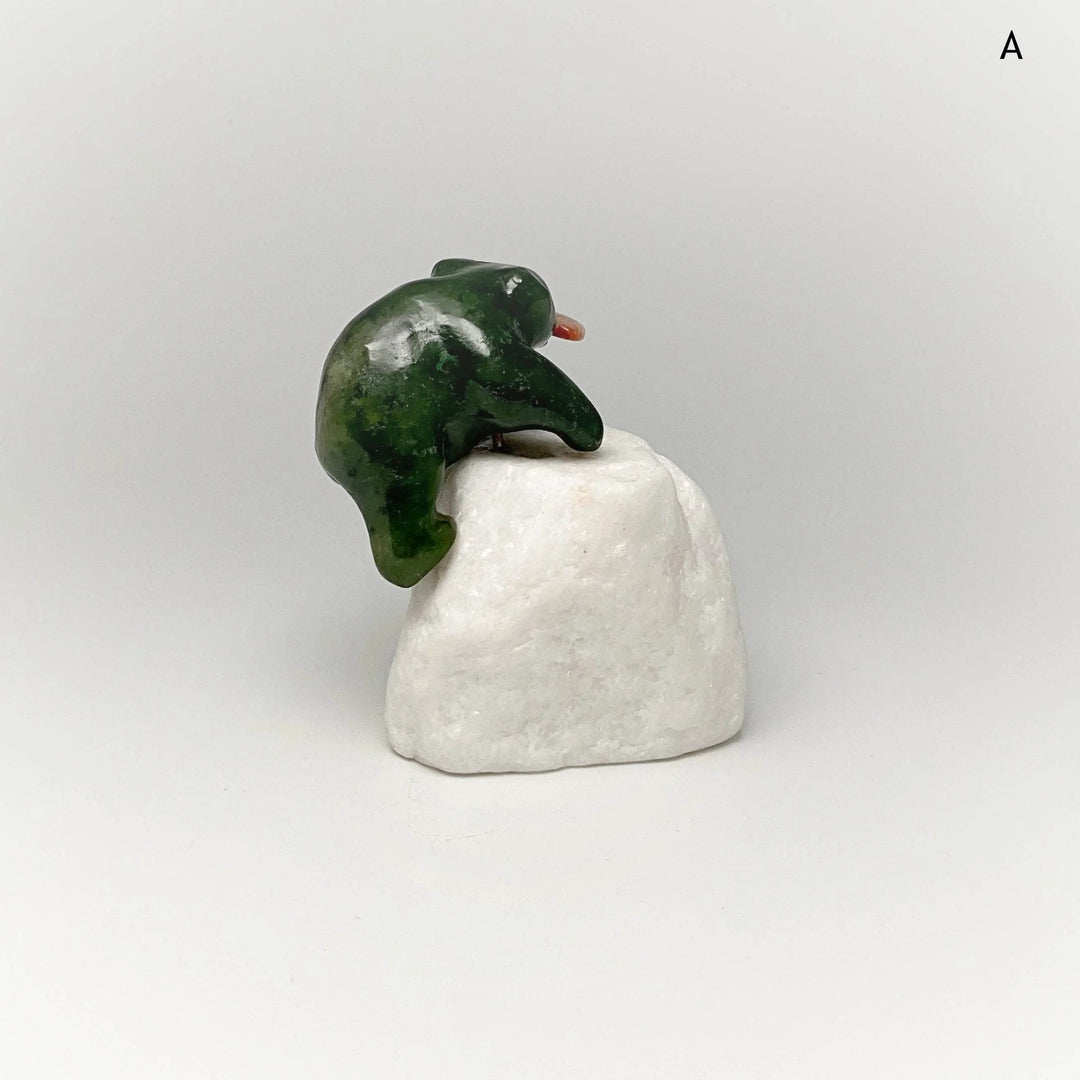 BC Jade Bear with Flower Agate Fish Carving on Star Marble Base - Rocks and Gems Canada
