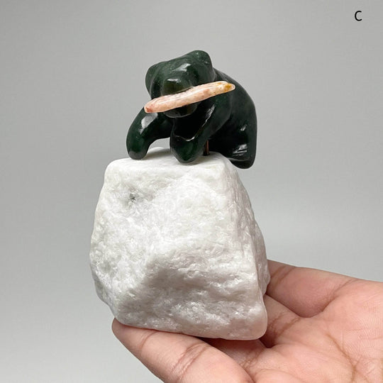 BC Jade Bear with Flower Agate Fish Carving on Star Marble Base - Rocks and Gems Canada