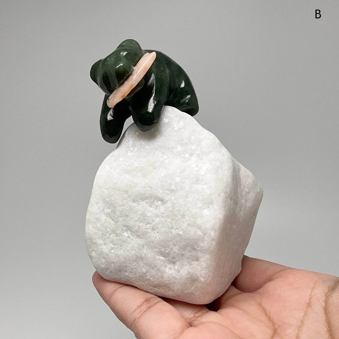 BC Jade Bear with Flower Agate Fish Carving on Star Marble Base - Rocks and Gems Canada