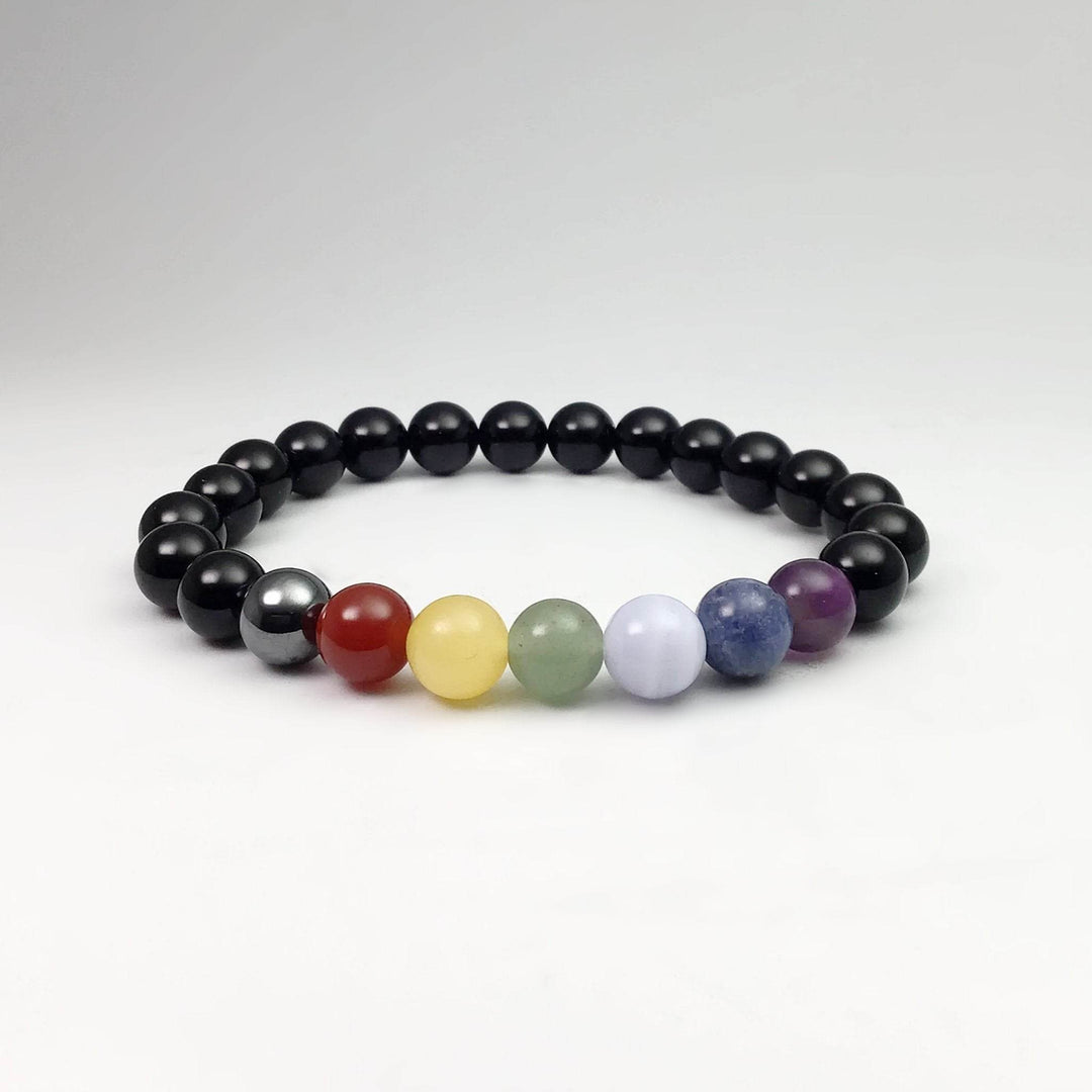Black Onyx Beaded Bracelet with Chakra Beads - Rocks and Gems Canada