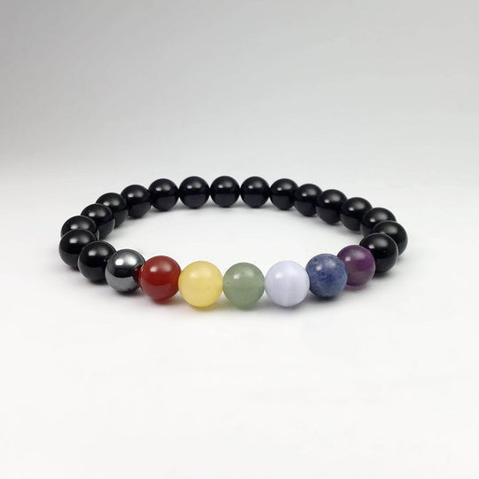 Black Onyx Beaded Bracelet with Chakra Beads - Rocks and Gems Canada