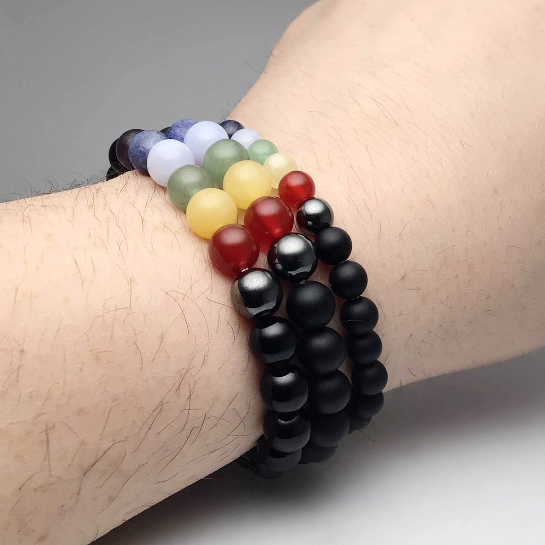 Black Onyx Beaded Bracelet with Chakra Beads - Rocks and Gems Canada