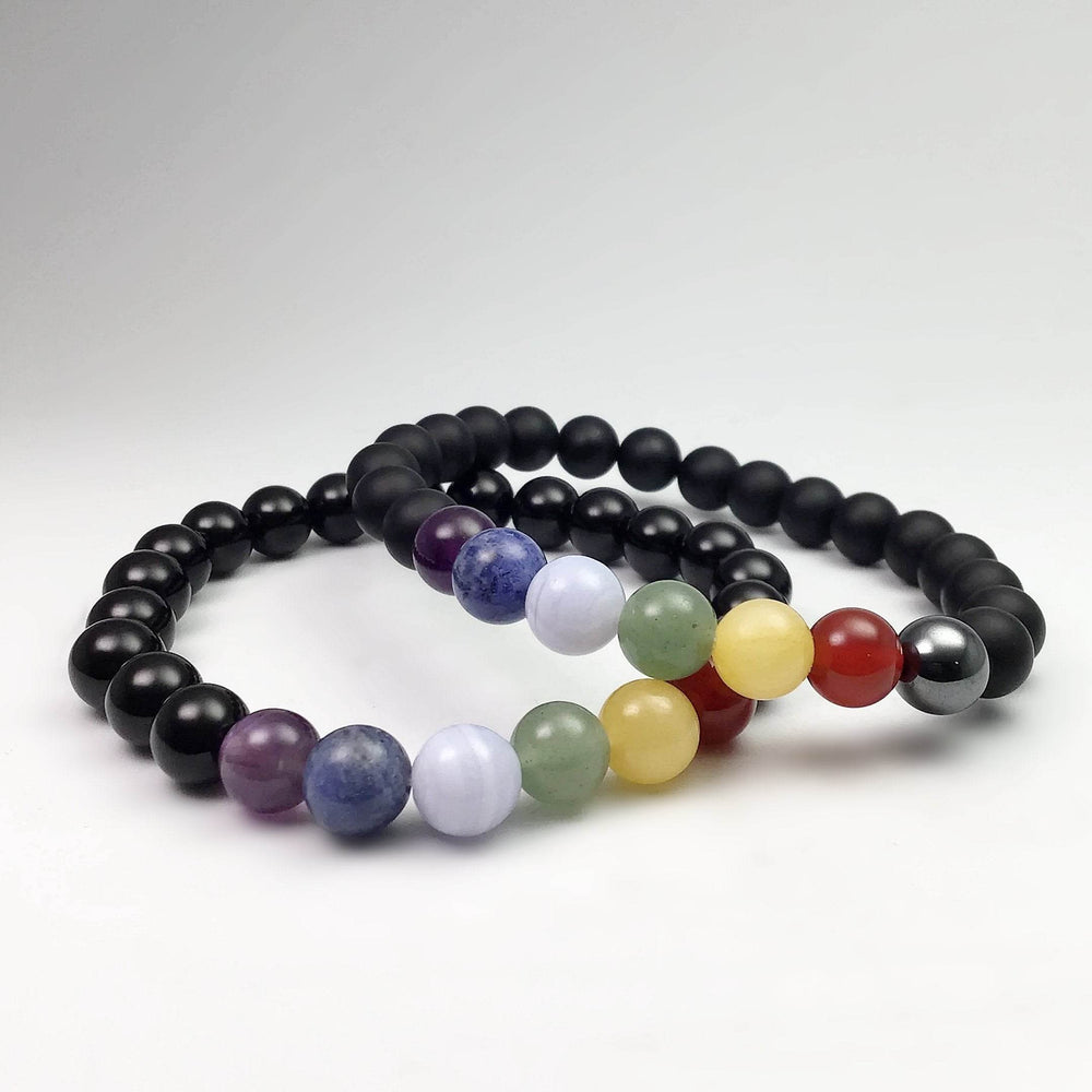 Black Onyx Beaded Bracelet with Chakra Beads - Rocks and Gems Canada