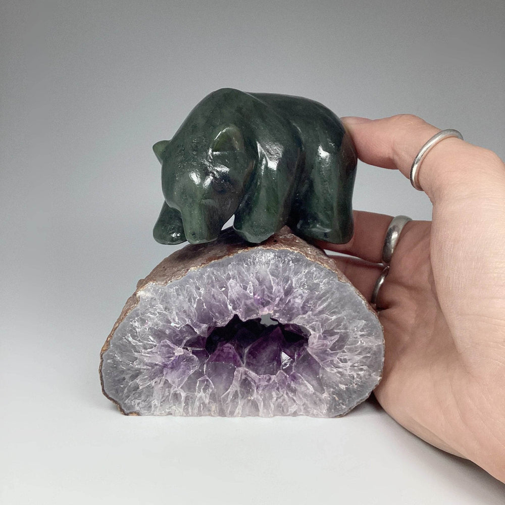 Canadian Jade Bear Carving on Amethyst Base - Rocks and Gems Canada