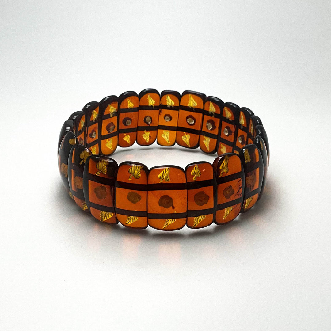 Cognac Amber Floral Cameo Beaded Bracelet - Rocks and Gems Canada