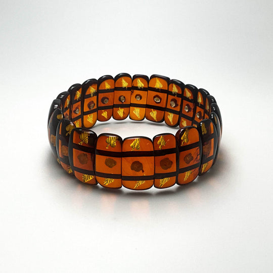 Cognac Amber Floral Cameo Beaded Bracelet - Rocks and Gems Canada